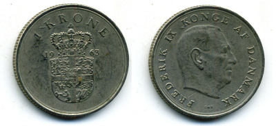 Дания 1 крона 1963 C;S, Фредерик IX (1947-1972) KM 851 медно-никель 56-347