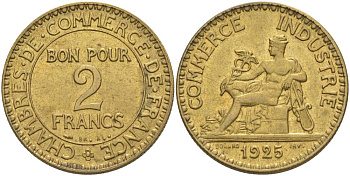 Франция 2 франка 1925 тип Chambre de commerce KM 877, Le Franc 267.7 алюминиевая бронза 3460-525