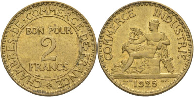 Франция 2 франка 1925 тип Chambre de commerce KM 877, Le Franc 267.7 алюминиевая бронза 3460-525
