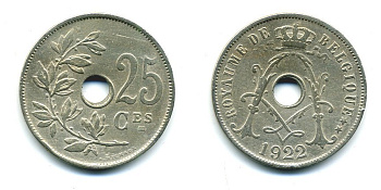 Бельгия 25 сантимов 1922 Belgique KM 68.1 медно-никель 57-221