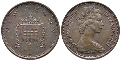 Великобритания 1 пенни 1981 Елизавета II (1952-2022) KM 915, Spink 4237 (B1) бронза 87-316