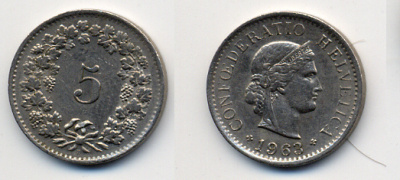 ШВЕЙЦАРИЯ 5 РАППЕНОВ 1963 KM 26 медно-никель 54-546