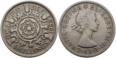 Великобритания 2 шиллинга (флорин) 1955 Елизавета II (1952-2022) KM 906, Spink 4146 медно-никель 83-1811