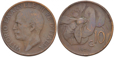ИТАЛИЯ 10 ЧЕНТЕЗИМО 1926 R, ВИКТОР ИММАНУИЛ, ПЧЕЛА KM 60 медь 4544-1055