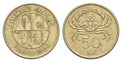 Исландия 50 крон 1992 KM 31 никель латунь 4635-144