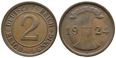 ГЕРМАНИЯ 2 РЕЙХСПФЕННИГА 1924 A KM 38, J. 314 бронза 176-215