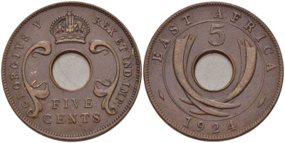 Британская Восточная Африка 5 центов 1924 Георг V (1910-1936) KM 18 бронза 117-922