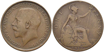 Великобритания 1 пенни 1912 Георг V (1910-1936) KM 810, Spink 4051 бронза 3460-723