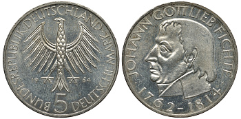 ФРГ 5 марок 1964 J, 150 лет со дня смерти Иоганна Готлиба Фихте J. 393, KM 118.1 серебро 1520-745