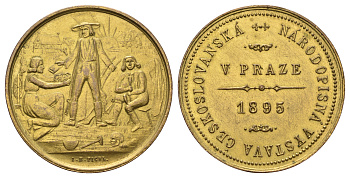 Австро-Венгрия медаль 1895 Чехословацкая этнографическая выставка (Прага), медальер И.Б. Пихль, 29,59 гр., 38,9 мм, золочение  бронза    1066-6-65