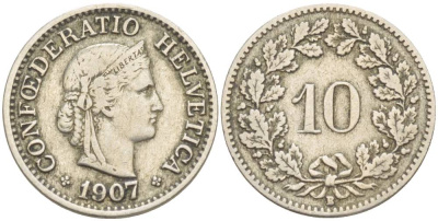 ШВЕЙЦАРИЯ 10 РАППЕНОВ 1907 В KM 27 медно-никель 4541-342