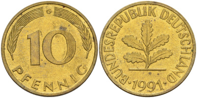 ФРГ 10 пфеннигов 1991 G KM 108, J. 383 сталь плакированная латунью 4175-1122