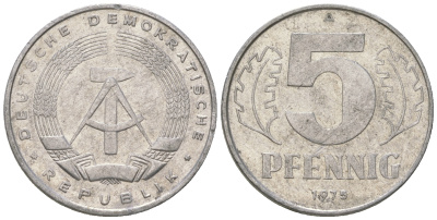 ГДР 5 пфеннигов 1975 A KM 9.1 алюминий 4625-1168