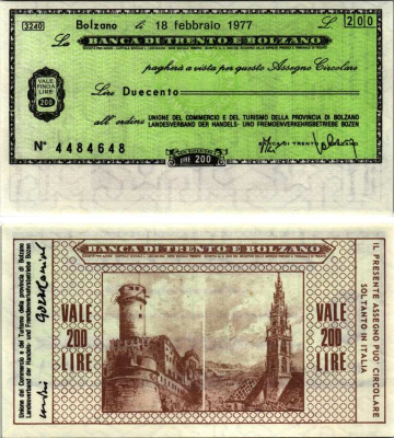 Италия 200 лир 1977 18 февраля 1977 Banco Di trento e bolzano бумага UNC (пресс) 7222-67-2-2