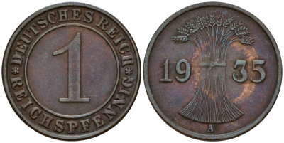 Германия 1 рейхспфенниг 1935 A KM 37, J. 313 бронза 192-963