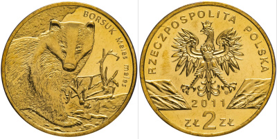 Польша 2 злотых 2011 MW, серия всемирная природа, барсук KM 762 нордик UNC 4511-541