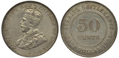 Стрейтс-Сетлментс 50 центов 1920 Георг V (1910-1936) KM 35.1 серебро 4044-422