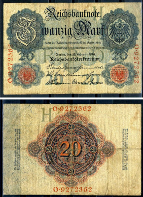 Германия 20 марок 1910 Pick 40 c бумага 7191-20-1-2