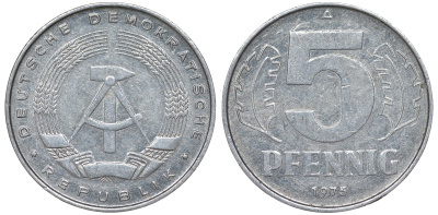 ГДР 5 ПФЕННИГОВ 1975 A KM 9.1 алюминий 62-321