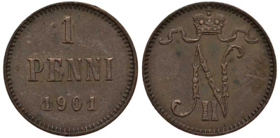 РОССИЯ ДЛЯ ФИНЛЯНДИИ 1 ПЕННИ 1901 НИКОЛАЙ II Биткин 462 медь 3309-825