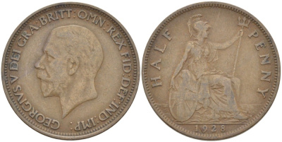 Великобритания 1/2 пенни 1928 Георг V (1910-1936) KM 837, Spink 4058 бронза 4513-434
