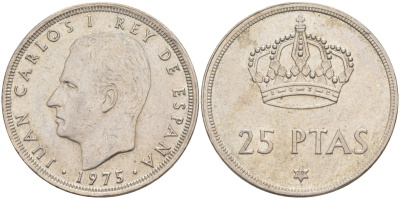 ИСПАНИЯ 25 ПЕСЕТ 1975 (79) ХУАН КАРЛОС I ( 1975-) KM 809 медно-никель 94-244