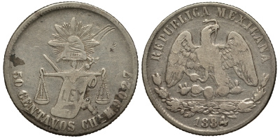 Мексика 50 сентаво 1884 CHa M, штат Чиуауа KM 407.1 серебро 1515-314