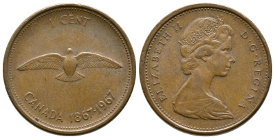 Канада 1 цент 1967 Елизавета II (1952-2022), 100 лет Конфедерации Канады KM 65 бронза 84-955