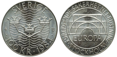 Швеция 100 крон 1984 Карл XVI Густав (1973- ), Стокгольмская конференция KM 863 серебро BUNC 3460-824