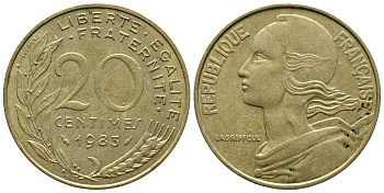 Франция 20 сантимов 1983 тип Марианна KM 930 медь алюминий никель 3461-243