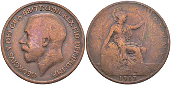 Великобритания 1 пенни 1917 Георг V (1910-1936) KM 810, Spink 4051 бронза 3460-746