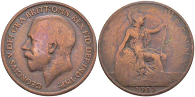 Великобритания 1 пенни 1917 Георг V (1910-1936) KM 810, Spink 4051 бронза 3460-746