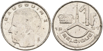 БЕЛЬГИЯ 1 ФРАНК 1991 BELGIQUE KM 170 железо плакированное никелем 71-1136