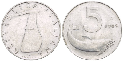 ИТАЛИЯ 5 ЛИР 1969 R, ДЕЛЬФИН, РУЛЬ KM 92 алюминий 4551-122