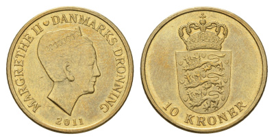 Дания 10 крон 2011 NR, Маргрете II (1972-2024) KM 943 алюминиевая бронза UNC 117-425