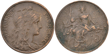 Франция 5 сантимов 1909 тип Danel-Dupus KM 842, Le Franc 119.20 бронза 4584-352