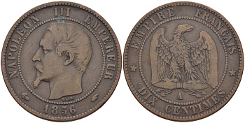 Франция 10 сантимов 1856 A, Наполеон III (1852-1870) KM 771.1, Le Franc 133.32 бронза 3460-236
