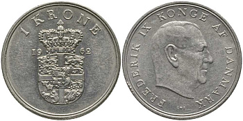 Дания 1 крона 1962 C; S, Фредерик IX (1947-1972) KM 851 медно-никель 4393-246