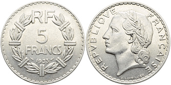 Франция 5 франков 1933 KM 888, Le Franc 336 никель 4389-1111
