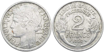 Франция 2 франка 1959 KM 886a.1, Le Franc 269.19 алюминий 4112-631