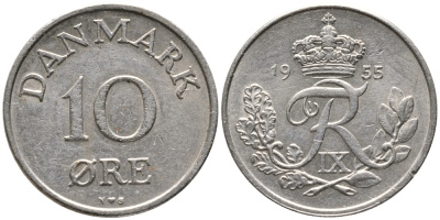 ДАНИЯ 10 ЭРЕ 1955 N; S, ФРЕДЕРИК IX (1947-1972) KM 841.1 медно-никель 100-729