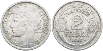 Франция 2 франка 1959 KM 886a.1, Le Franc 269.19 алюминий 4112-631
