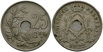 Бельгия 25 сантимов 1922 Belgie, Альберт I (1909-1934) KM 69 медно-никель 4165-833