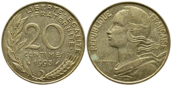 Франция 20 сантимов 1993 тип Марианна KM 930 медь алюминий никель 3461-256