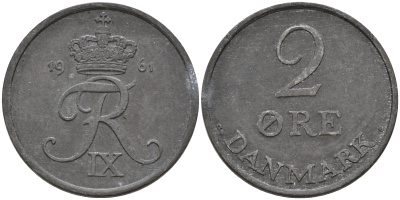 Дания 2 эре 1961 C; S, Фредерик IX (1947-1972) КМ 840.2 цинк    4603-241