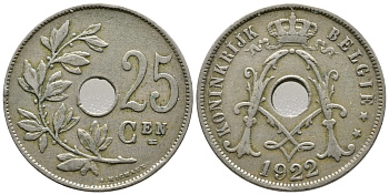Бельгия 25 сантимов 1922 Belgie, Альберт I (1909-1934) KM 69 медно-никель 177-1037