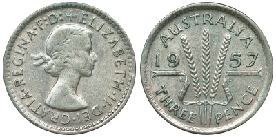 Австралия 3 пенса 1957 m, Елизавета II (1953-) KM 57 серебро 71-535