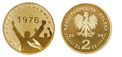 Польша 2 злотых 2006 MW, 30 лет акциям протеста в июне 1976 года KM 571 нордик UNC 603-635