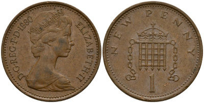 Великобритания 1 пенни 1980 Елизавета II (1952-2022) KM 915, Spink 4237 (B1) бронза 4154-967