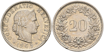 Швейцария 20 раппенов 1969 В KM 29а медно-никель    4153-313
